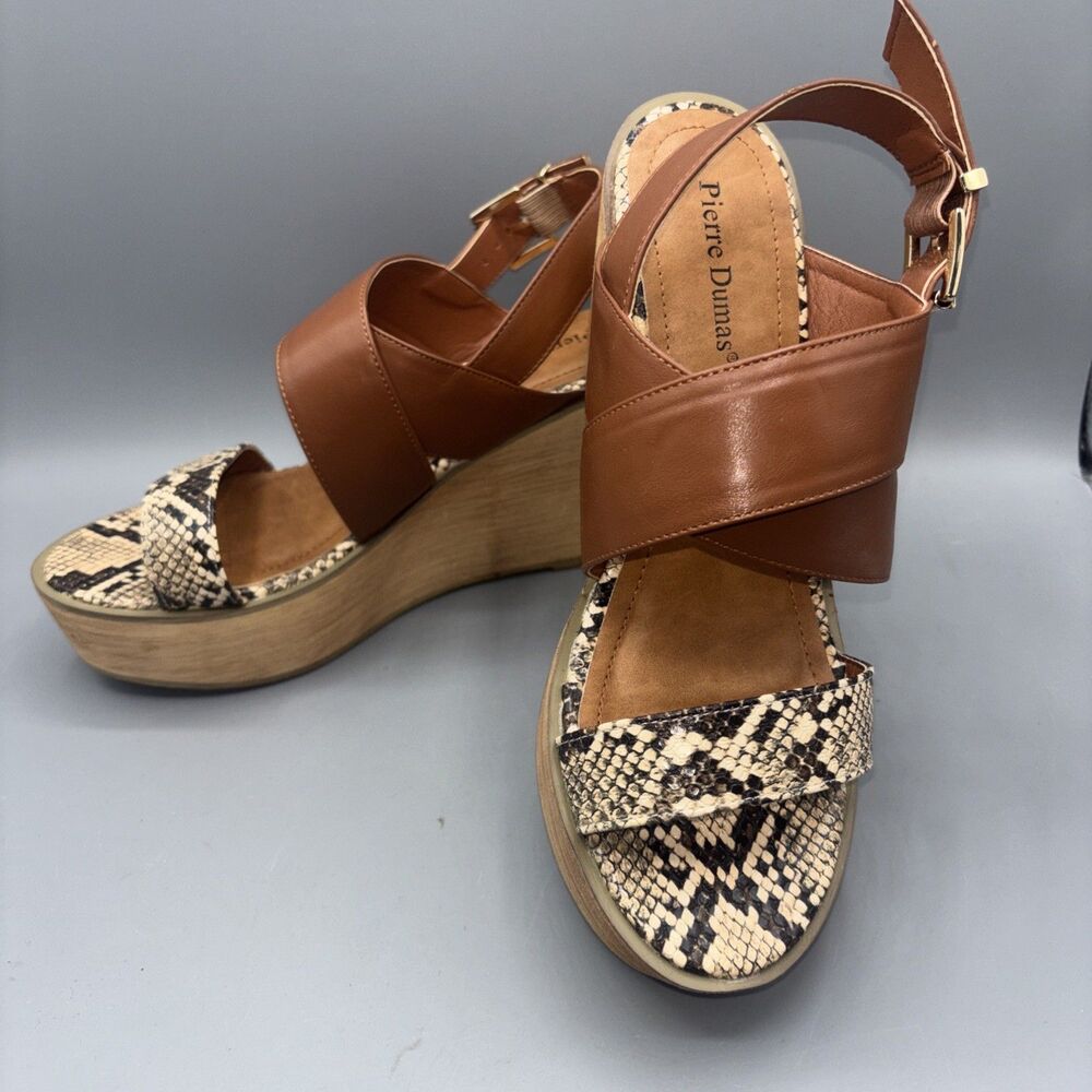 Pierre Dumas Leather Snakeskin Wedge Sandals Womens 8 Brown Ankle Strappy Open